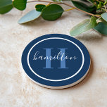 Elegant Navy Blue Round Custom Monogram Initial Coaster<br><div class="desc">Elegant round personalised beverage drink coaster design features a classic custom serif monogram initial in dusty blue with your last name / surname in modern white calligraphy script against a navy blue background. A simple white circle frames the design. Colour scheme can be customised to coordinate perfectly with your home...</div>