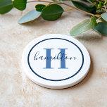 Elegant Navy Blue Round Custom Monogram Initial Coaster<br><div class="desc">Elegant round personalized beverage drink coaster design features a classic custom serif monogram initial in dusty blue with your last name / surname in modern navy blue calligraphy script against a clean white background. A simple navy blue circle frames the design. Color scheme can be customized to coordinate perfectly with...</div>