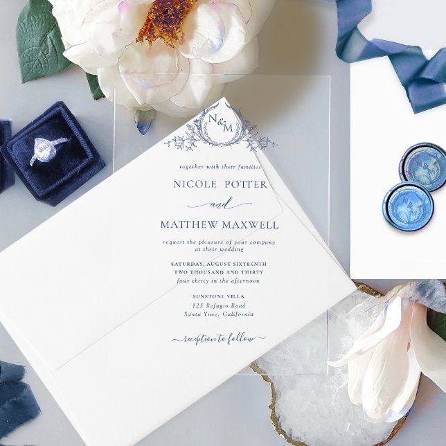 Elegant Navy Blue Royal Crown Wreath Monogram Acrylic Invitations (Creator Uploaded)