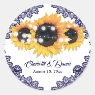 Elegant Navy Blue Rustic Chic Sunflower Wedding Classic Round Sticker