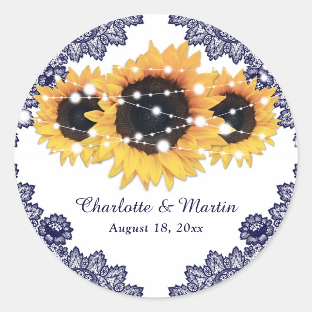 Elegant Navy Blue Rustic Chic Sunflower Wedding Classic Round Sticker (Front)