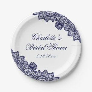 Elegant Navy Blue Rustic Floral Lace Bridal Shower Paper Plate