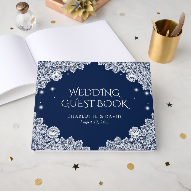 Elegant Navy Blue Rustic Floral Lace Wedding Guest Book (Front Open)