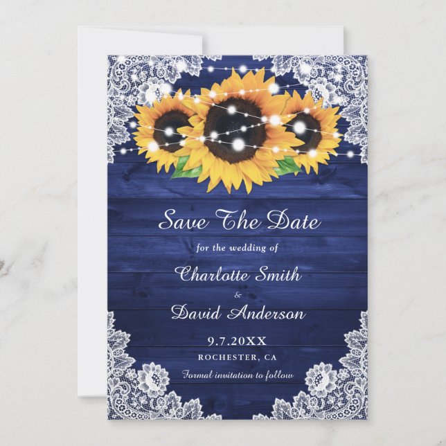 Elegant Navy Blue Rustic Wood Lace Sunflower Save The Date (Front)