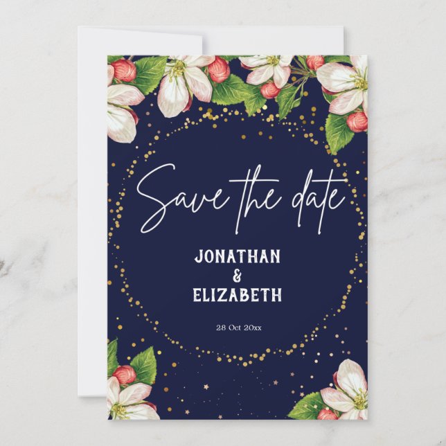 Elegant navy blue save the date floral glitter (Front)