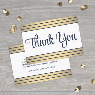 Elegant Navy Blue Script and Classic Gold Stripes Thank You Card