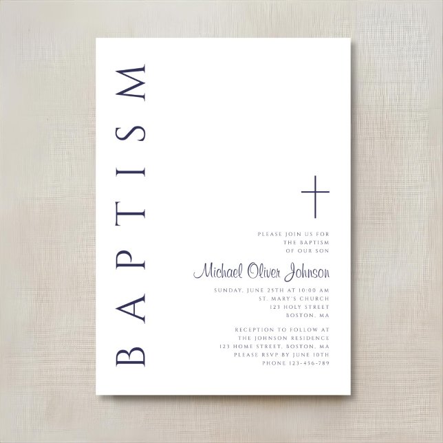 Elegant Navy Blue Script Baptism Invitation (Elegant Navy Blue Script Baptism Invitation)