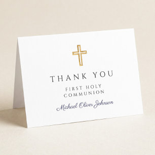 Elegant Navy Blue Script Boy First Communion Thank You Card