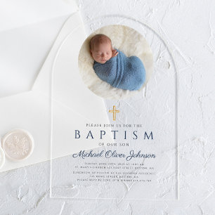 Elegant Navy Blue Script Boy Photo Baptism Acrylic Invitations
