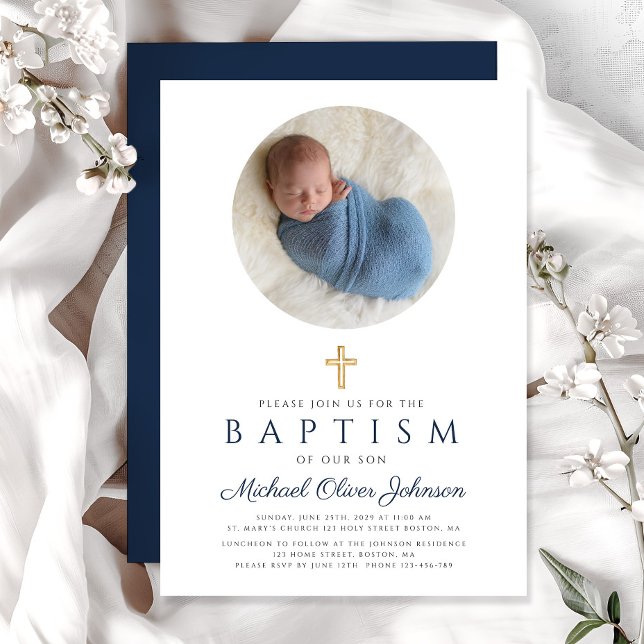 Elegant Navy Blue Script Boy Photo Baptism  Invitation (Navy Blue Elegant Religious Boy Photo Baptism Invitation)