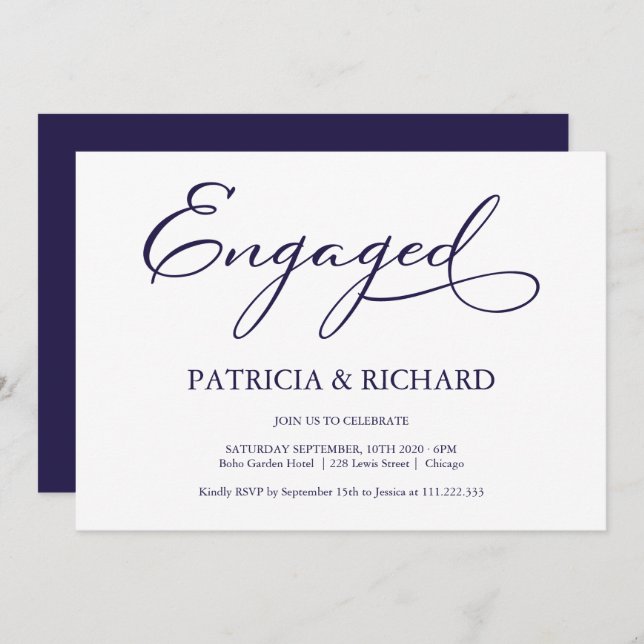 Elegant Navy Blue Script Engagement Party Invitation (Front/Back)