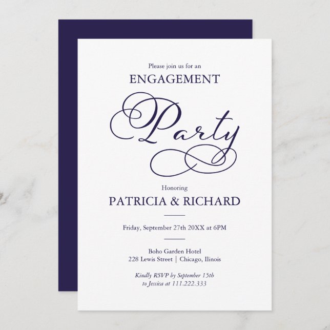 Elegant Navy Blue Script Engagement Party Invitation (Front/Back)