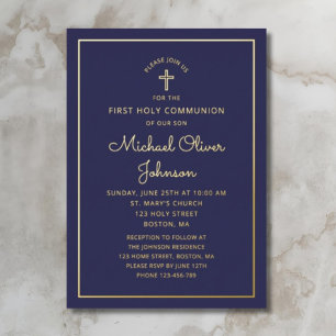 Elegant Navy Blue Script First Communion Gold