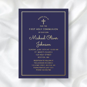 Elegant Navy Blue Script First Communion Gold
