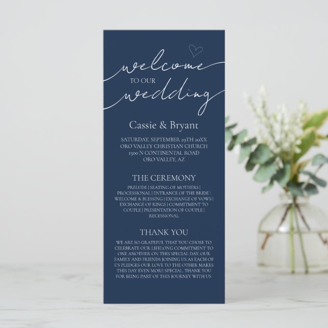 Elegant Navy Blue Script Modern Wedding Program (Standing Front)
