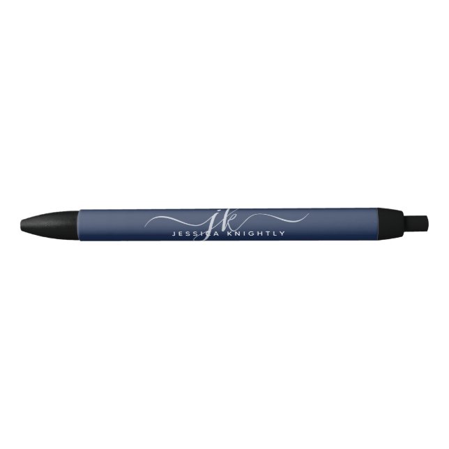Elegant Navy Blue Script Monogram Initials Name Black Ink Pen (Front)