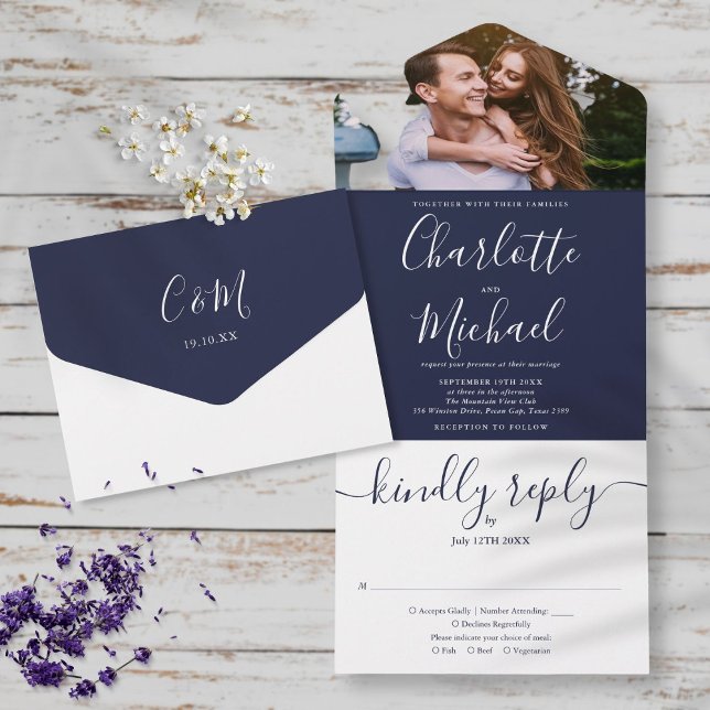 Elegant Navy Blue Script Monogram Photo Wedding All In One Invitation (Creator Uploaded)