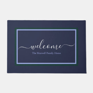 Elegant navy blue script name doormat