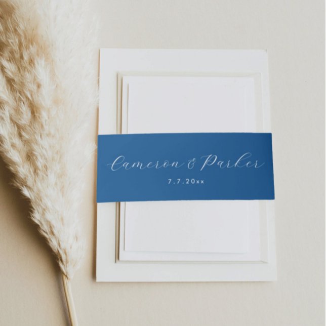 Elegant Navy Blue Script Names Wedding Invitation Belly Band (Navy Blue Script Belly Band to match the Oyster Collection from Concertina Press)