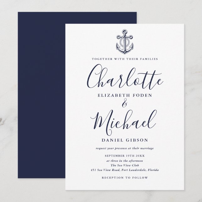 Elegant Navy Blue Script Nautical Anchor Wedding Invitation (Front/Back)