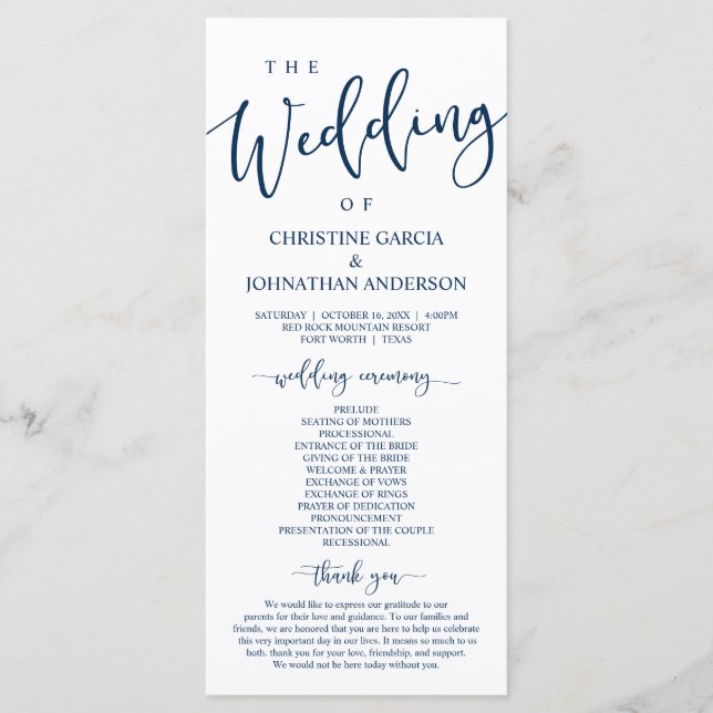 Elegant Navy Blue Script, Our Wedding Ceremony Programme (Front)