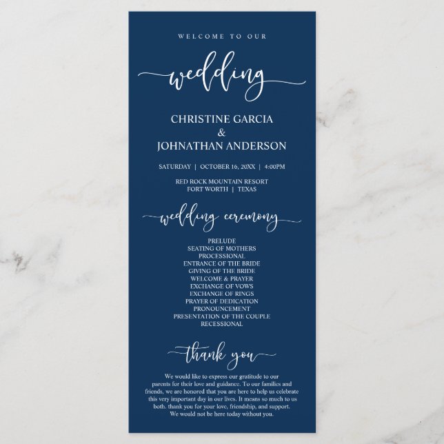 Elegant Navy Blue Script, Our Wedding Ceremony Programme (Front)