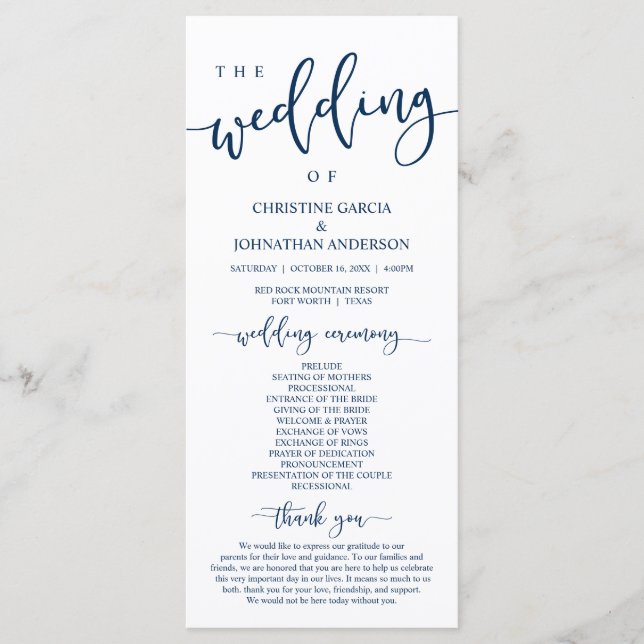 Elegant Navy Blue Script, Our Wedding Ceremony Programme (Front)