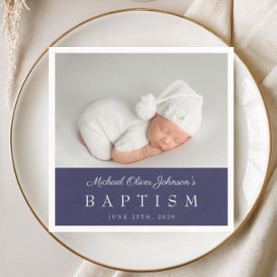 Elegant Navy Blue Script Photo Baptism Napkin
