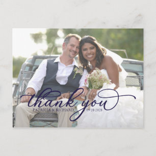 Elegant Navy Blue Script Photo Thank You Postcard