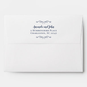 Elegant Navy Blue Script Return Address Wedding Envelope