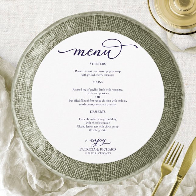 Elegant Navy Blue Script Round Wedding Menu (Creator Uploaded)