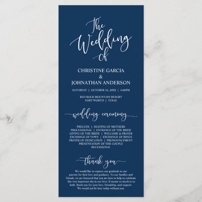 Elegant Navy Blue script, Wedding Ceremony Programme (Front)