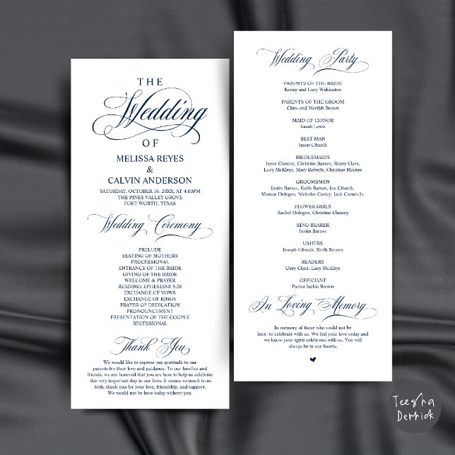 Elegant Navy Blue Script Wedding Ceremony Programme (Elegant Navy Blue Script Wedding Ceremony Order Program Card)