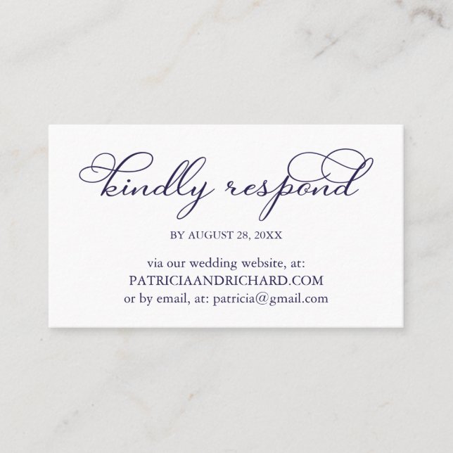 Elegant Navy Blue Script Wedding Online RSVP Business Card (Front)