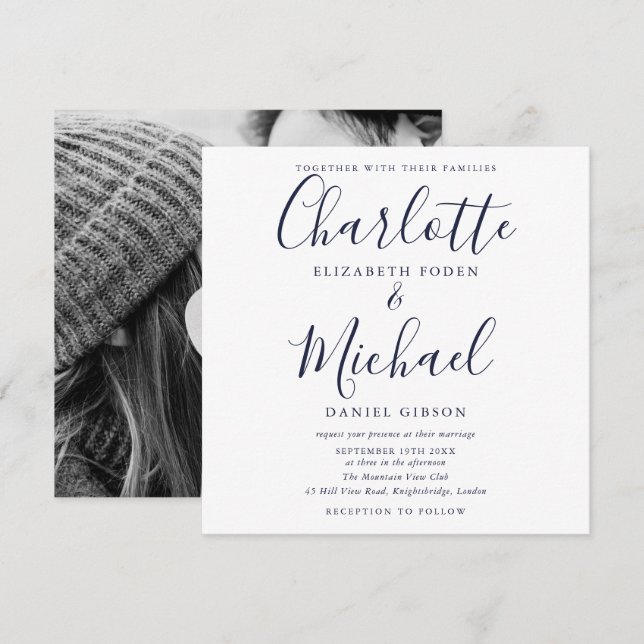 Elegant Navy Blue Script Wedding Photo Invitation (Front/Back)