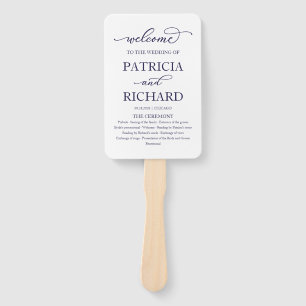 Elegant Navy Blue Script Wedding Program Hand Fan