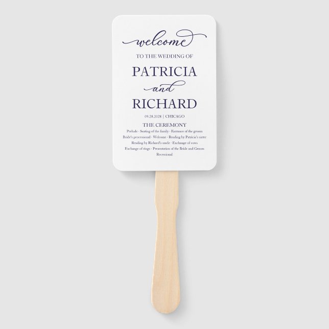 Elegant Navy Blue Script Wedding Program Hand Fan (Front)