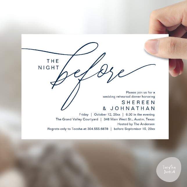 Elegant Navy Blue Script Wedding Rehearsal Dinner Invitation (Elegant Script Wedding Rehearsal Dinner Invitation Card in navy Blue)