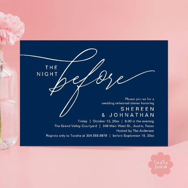 Elegant Navy Blue Script Wedding Rehearsal Dinner Invitation (Elegant Script Wedding Rehearsal Dinner Invitation Card in Navy Blue)
