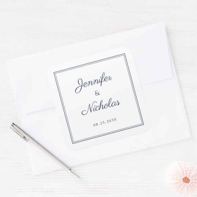 Elegant Navy Blue Script Wedding Square Sticker (Envelope)