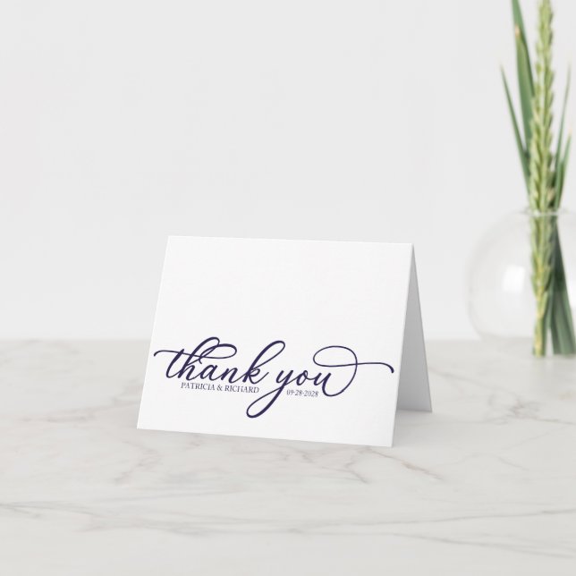 Elegant Navy Blue Script Wedding Thank You Cards (Front)