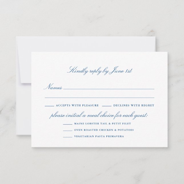 Elegant Navy Blue Script With Meal Options RSVP Card (Front)