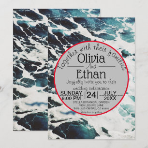 Elegant Navy Blue Sea Waves Coastal Wedding Invitation