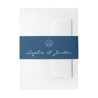 Elegant Navy Blue Seashell Wedding Invitation Belly Band