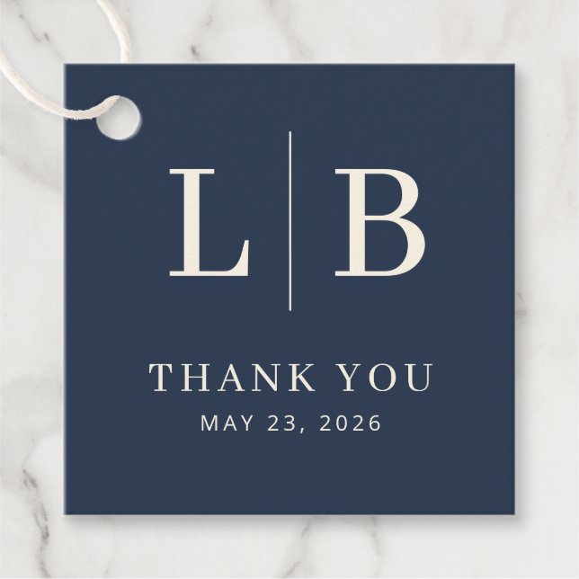 Elegant Navy Blue Serif Wedding Favour Tag (Front)
