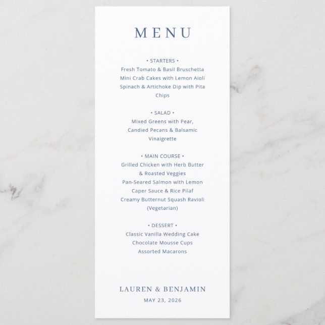 Elegant Navy Blue Serif Wedding Menu (Front)