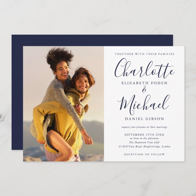 Elegant Navy Blue Signature Script Photo Wedding Invitation (Front/Back)