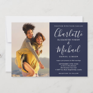 Elegant Navy Blue Signature Script Photos Wedding Invitation