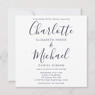 Elegant Navy Blue Signature Script Wedding Invitation
