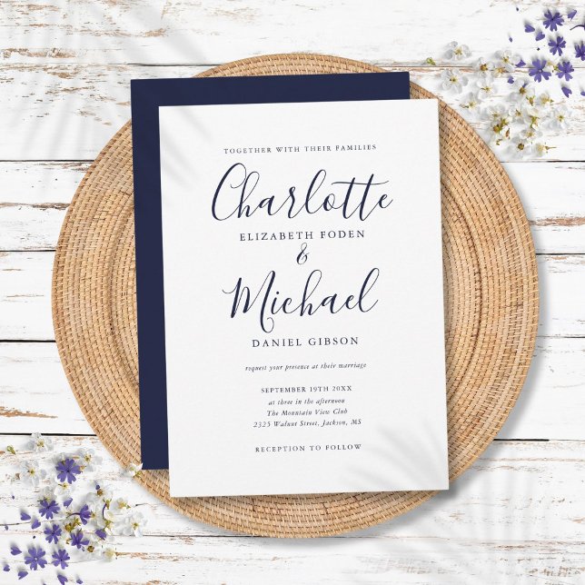 Elegant Navy Blue Signature Script Wedding Invitation (Elegant Navy Blue Signature Script Wedding Invitation)